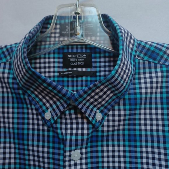 Nordstrom Short Sleeve Button Down Shirt,  Blue, White, Black Check, Size L - Picture 2 of 8